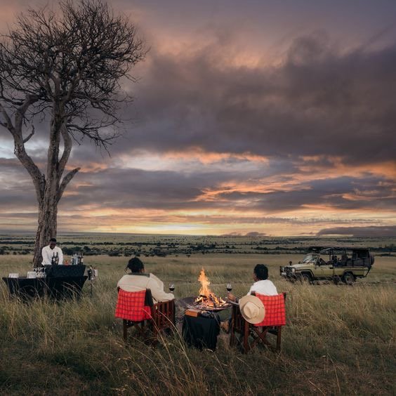 Guests at an outdoor dinner beside a safari vehicle at dusk