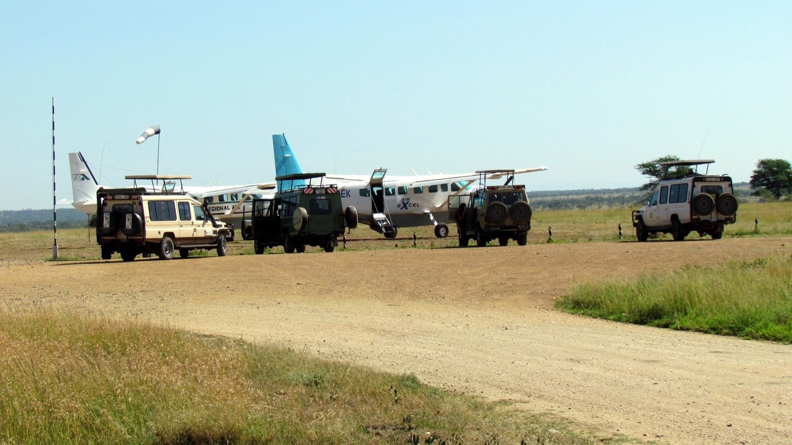 Approaching a bush airstrip in the Serengeti on a light aircraft flight with Bush Lion Tours