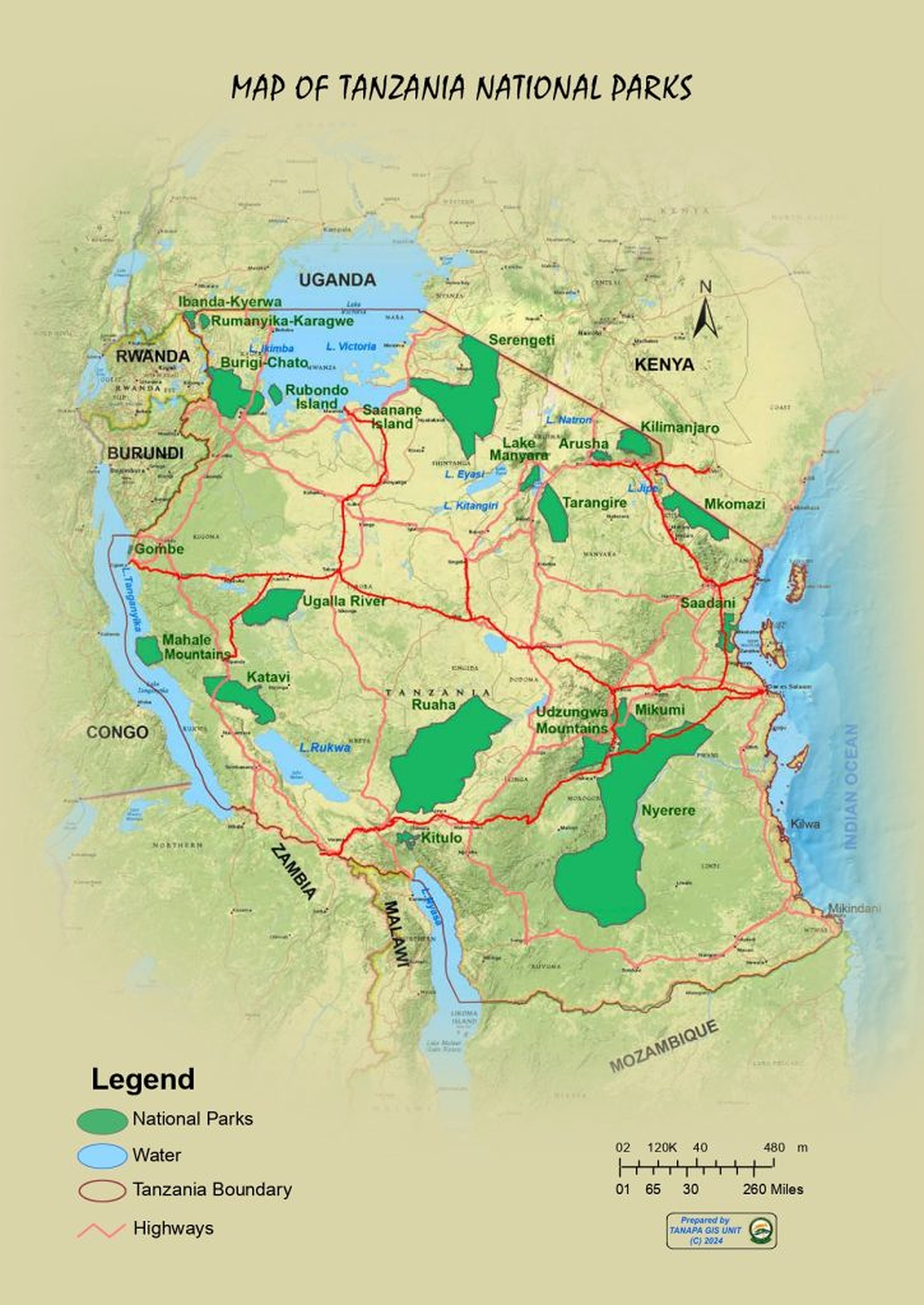 Map of Tanzania showing national parks, safari circuits, airports, and Zanzibar connections